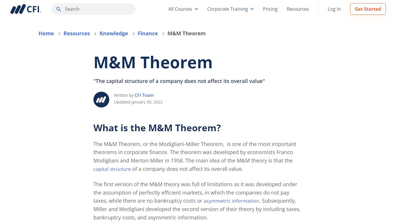 M&M Theorem - Overview, Assumptions, Propositions